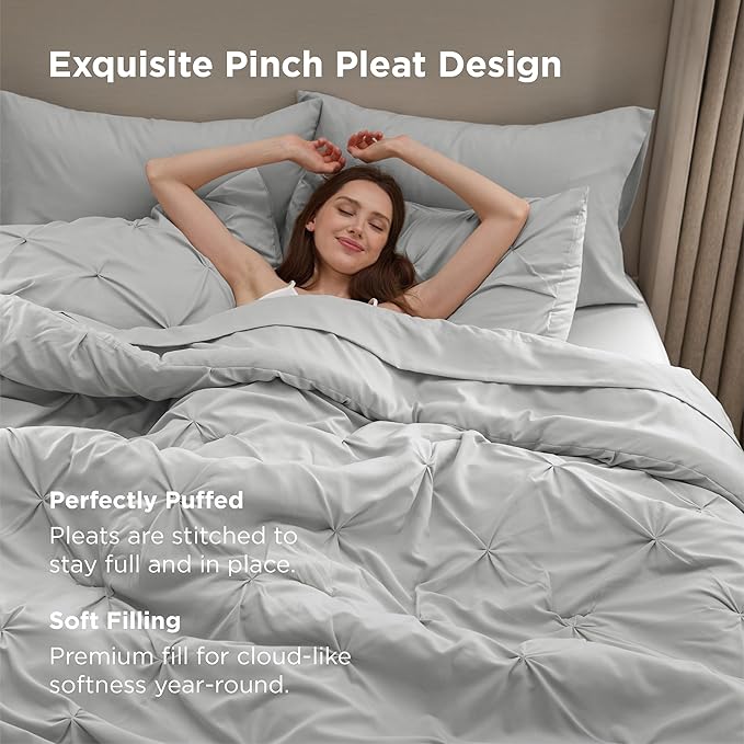 Bedsure Twin Comforter Set Light Grey - Bed in a Bag Twin Size Bedding 5 Pieces, GentleSoft™ Pintuck Bed Set Gift for Family, Pinch Pleat Light Grey Comforter with Sheets, Pillowcase & Sham