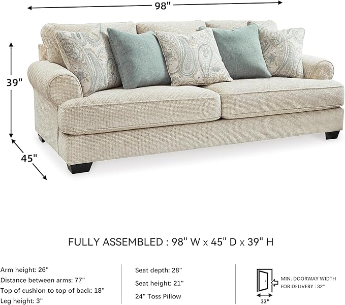 Signature Design by Ashley Monaghan Vintage Sofa with Accent Pillows, Reversible Cushions and Rolled Arms, Beige