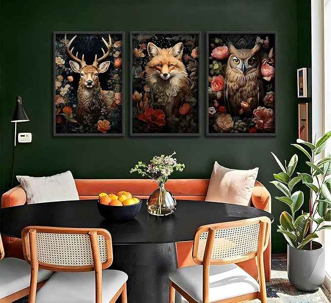 Magical Forest Animal Canvas Wall Art Flowers And Wild Animals Prints Wall Decor Dark Cottagecore Posters Gothic Vintage Botanical Floral Painting Picture Nature Room Decor Bedroom Decoration Unframed