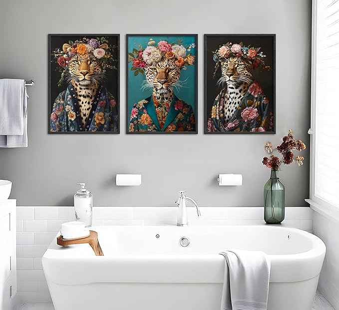 Bathroom Leopard In a Bathrobe Wall Art Maximalist Eclectic Cheetah Posters Pictures Animals And Flowers Canvas Prints Funky Animals Painting Wall Decor y2k Aesthetic Room Decoration Unframed