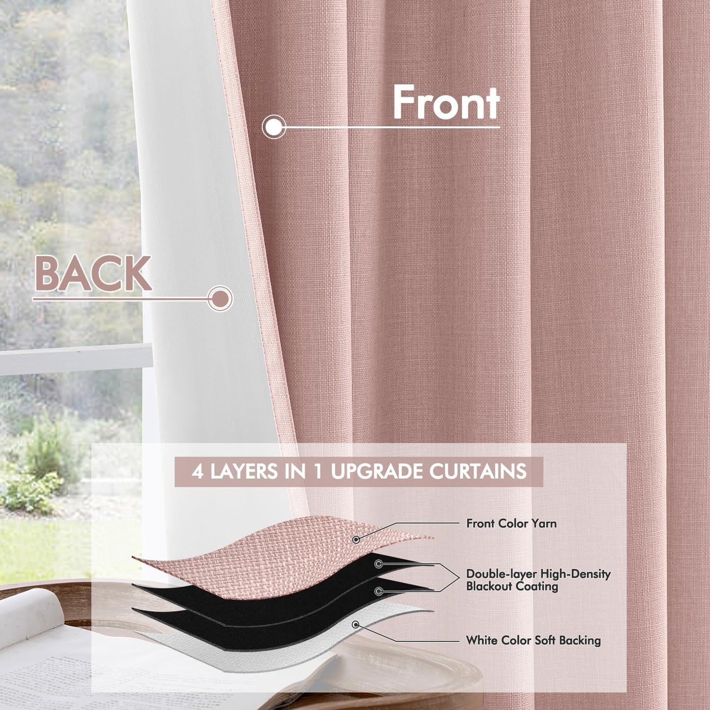 MIULEE 100% Blackout Curtains 120 Inch Long 2 Panels for Bedroom, Thick Luxury Faux Linen Black Out Curtain Room Darkening Back Tab Pleat Window Textured Drapes with Hooks for Living Room, Baby Pink