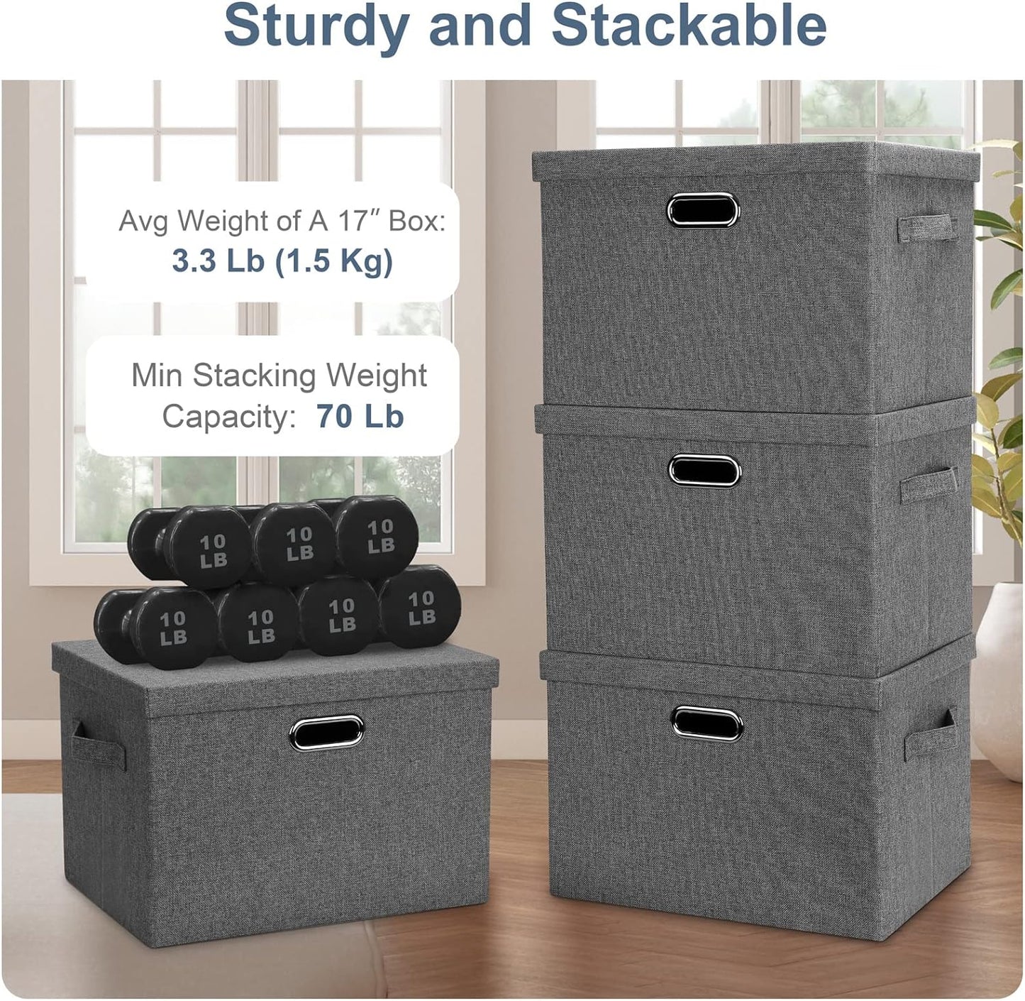Large 17" 36 Quart Collapsible Stackable Storage Bins with Lids, 3 Packs Grey Linen Fabric Closet Boxes with Lids, Storage Cube Baskets Container Organizers for Bedroom Office(17 x12 x11)