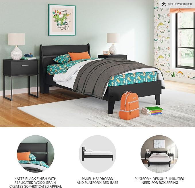 Signature Design by Ashley Socalle Casual Twin Panel Platform Bed, Foundation or Box Spring Not Needed, Black