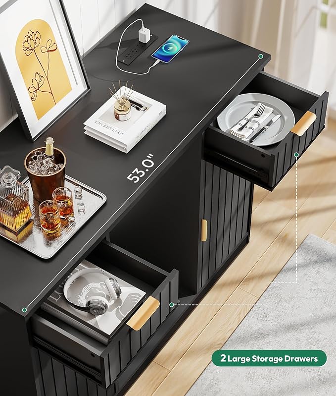 53" Fluted Coffee Bar Cabinet with Fridge Space - Wine Bar Cabinet with Drawer & Door Storage, Mini Fridge Stand with Power Outlet for Kitchen Dining Room, Black