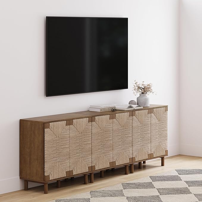 Nathan James Beacon Boho Accent Cabinet with Doors, TV Stand with Adjustable Interior Shelf and Seagrass Accent, Dark Brown, Set of 3