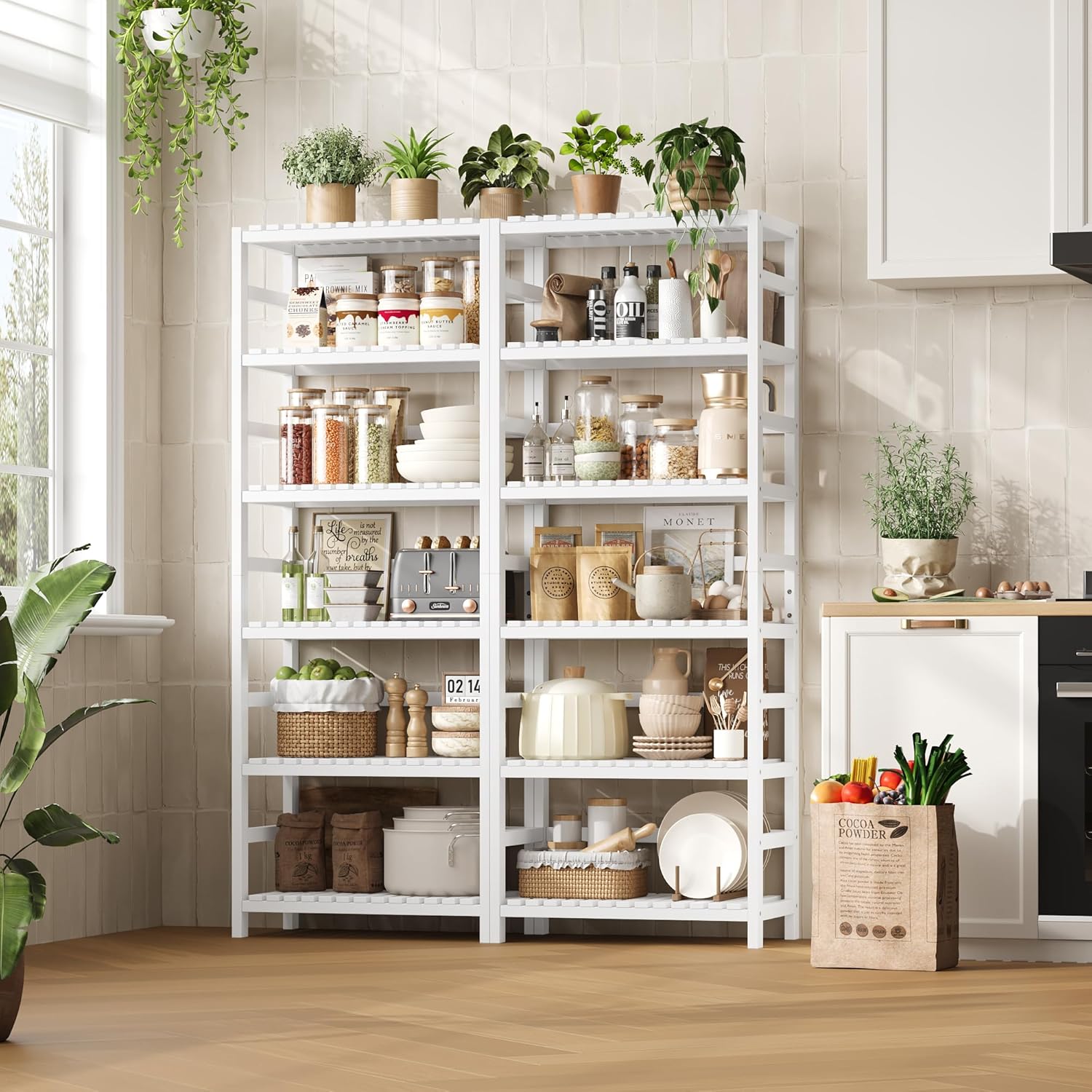 FOTOSOK 6-Tier Bamboo Shelf, Bamboo Bookcase with Adjustable Shelves, Free Standing Storage Shelf Unit, Plant Flower Stand for Bathroom, Kitchen, Home Office, White - Décor Diaries
