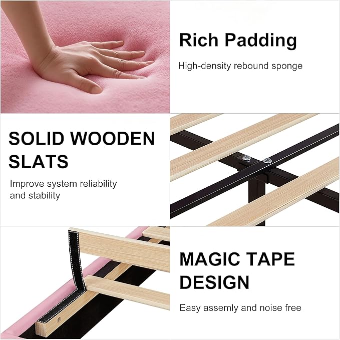 VECELO Queen Size Bed Frame with Upholstered Headboard, Velvet Platform Bedframe Mattress Foundation, Sturdy Wooden Slats Support,No Box Spring Needed Noise Free/Easy Assembly,Pink