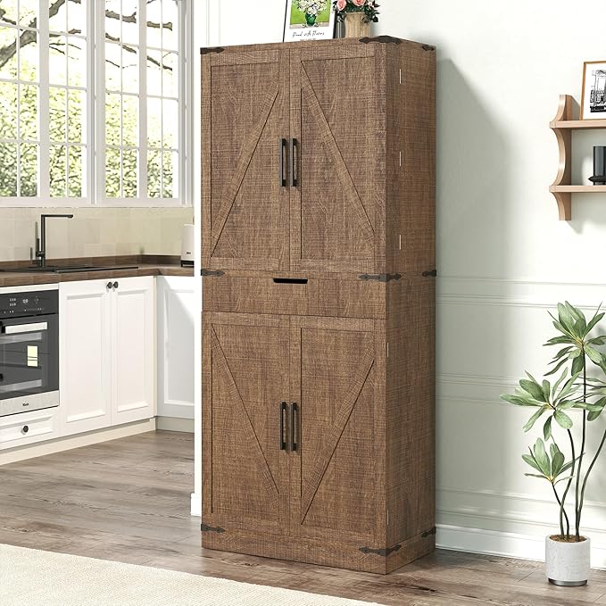 72" Kitchen Pantry Storage Cabinet with Doors and Shelves, Wood Farmhouse Pantry Storage with Barn Doors for Kitchen, Dining Room, Living Room, Dark Brown