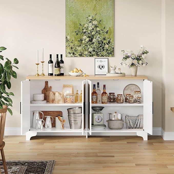 Garvee Natural Rattan Storage Cabinet with Shelves, 4-Door Sideboard Buffet Cabinet, Boho TV Stand Console Table for Living Room, Entryway, Dinning Room