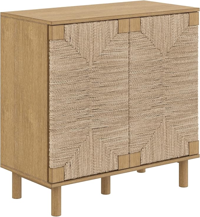 Nathan James Beacon Accent Natural Sideboard Storage Cabinet in Light Wood with Adjustable Interior Shelf and Seagrass Doors, for Hallway, Entryway or Dining Room, Light Brown