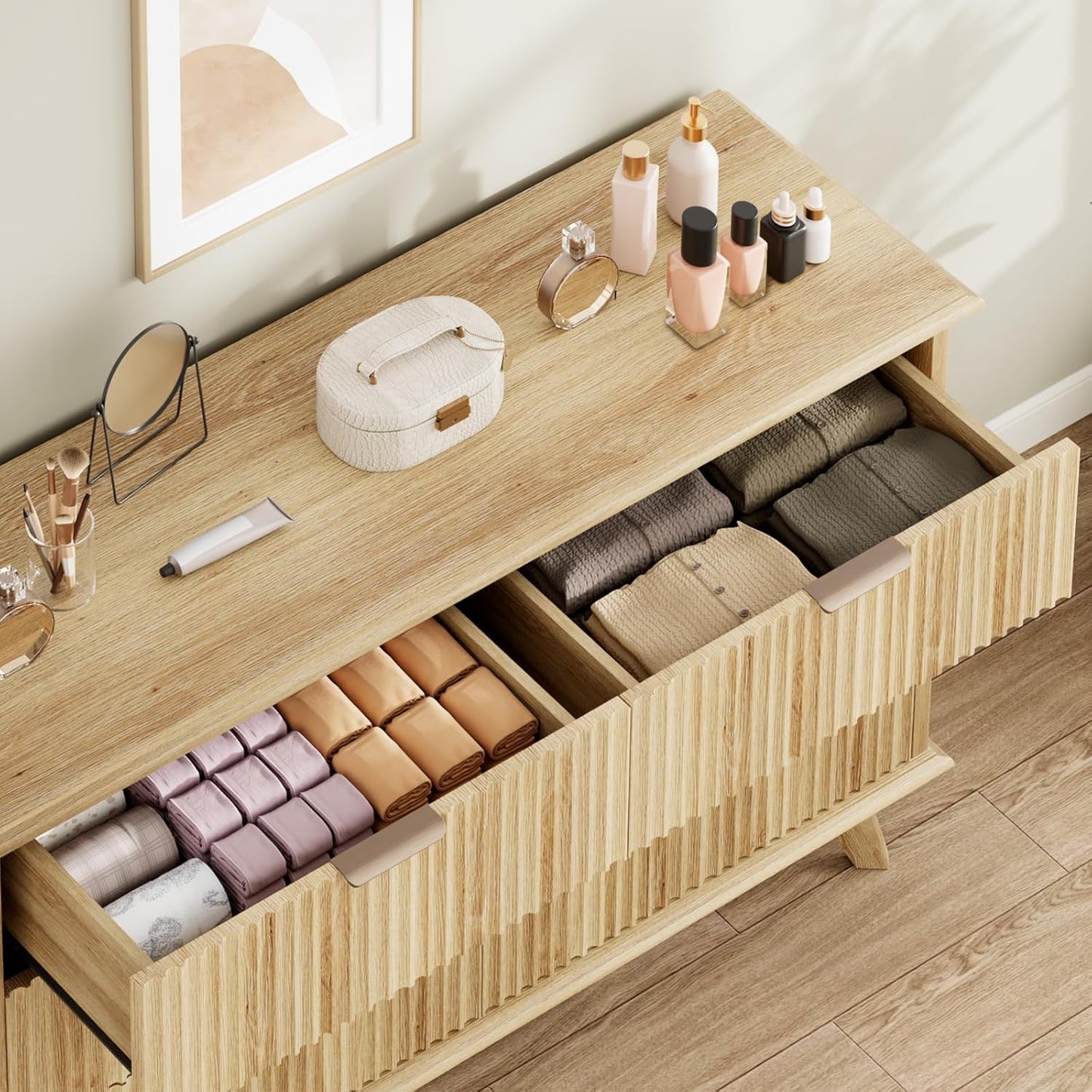 QUW Fluted Dresser for Bedroom with 6 Drawers, 47.2" Wide Modern Chest of Drawers with Metal Handle, Wooden Dresser TV Stand and Closet Clothes Storage Organizer for Living Room, Hallway, Natural Oak