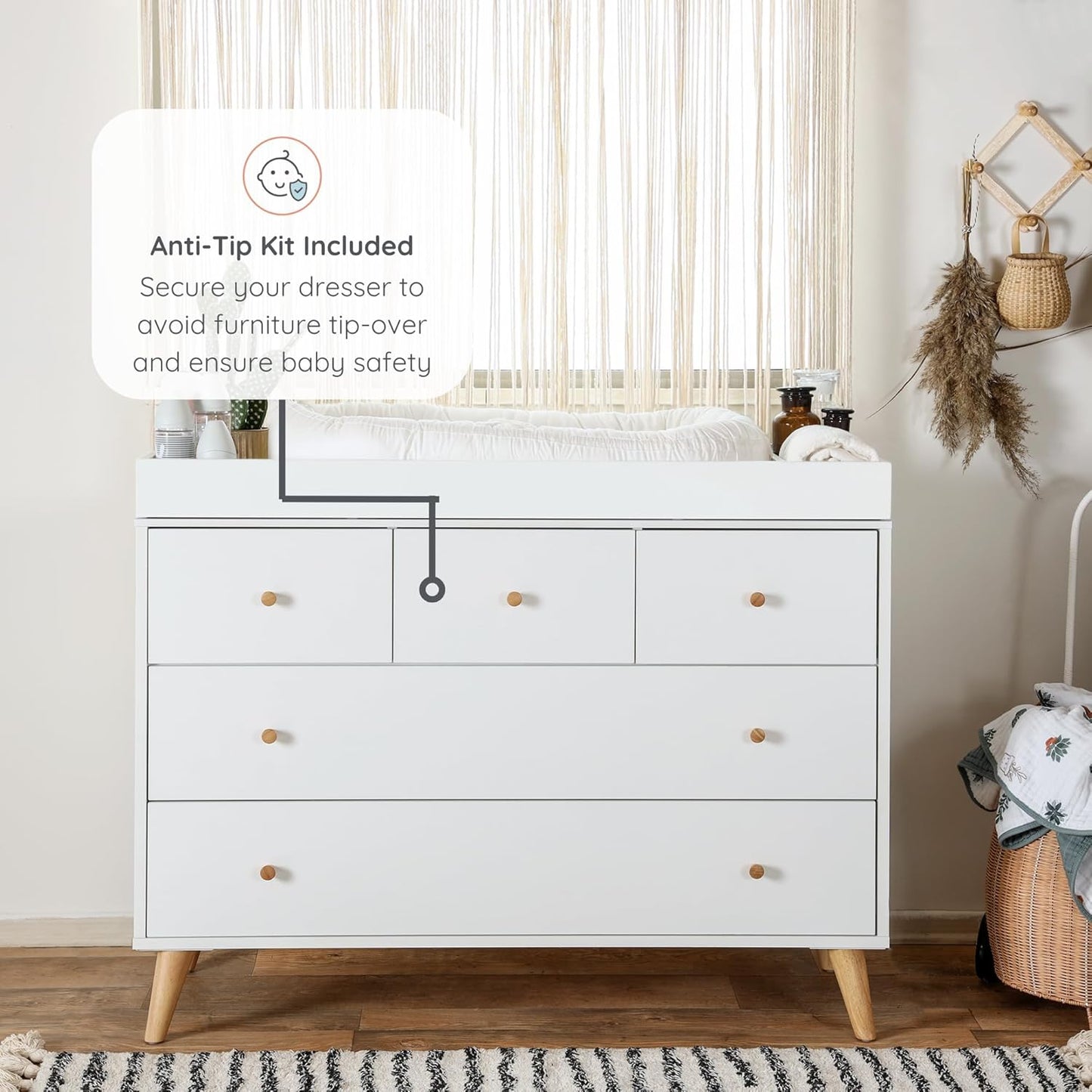 dadada Austin 5-Drawer Dresser for Nursery and Bedroom - Modern Design, Large Storage, Baby-Safe Finish, Anti-Tip Safety, Solid Wood Feet, Durable Construction (White+Natural)