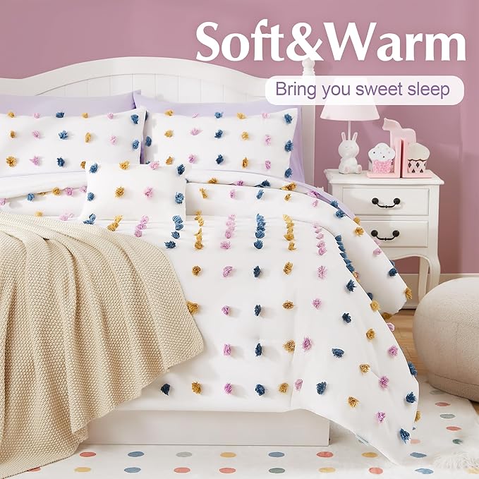 Geniospin Colored Twin Comforter Set for Girls- 6 Pieces Pom Tufted Bed in A Bag Twin Bedding Sets with Sheets, Pillowcases & Shams, All Season Kids Comforter Set