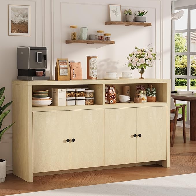 IDEALHOUSE Buffet Sideboard Cabinet with Storage, 55" Large Farmhouse Kitchen Storage Cabinet with 4 Doors & Adjustable Shelves, Wood Coffee Bar Cabinet for Kitchen, Dining Room, Living Room
