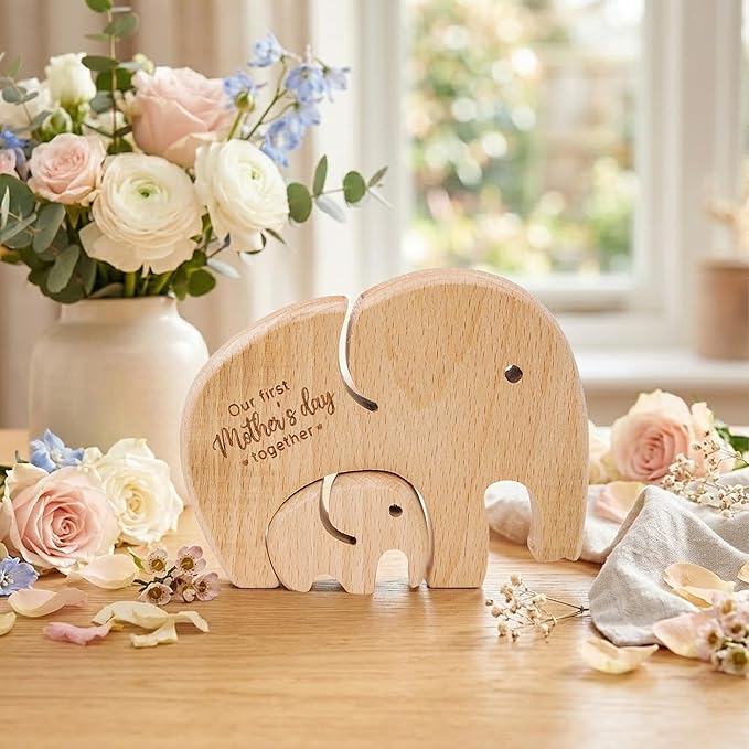 NELXI First Time Mom Gifts, Elephant Mom and Baby Wooden Decor Keepsake, Our First Together Engraved Sign, Meaningful Present for Wife, Sentimental Nursery Tabletop Decor