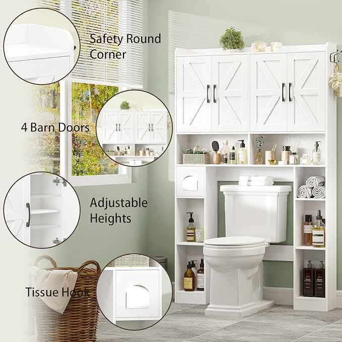 Vabches Over The Toilet Storage Cabinet with 4 Barn Doors, Bathroom Organizer with Toilet Paper Holder & Adjustable Shelves, Space-Saving Farmhouse Toilet Shelf for Bathroom,Restroom,Laundry