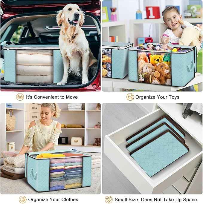 Budding Joy 90 L Large Storage Bags, 4 Pack Clothes Storage Bins Foldable Closet Organizer Storage Containers Storage and Organization for Clothes, Blanket, Comforters, Bed Sheets, Pillows (Blue)