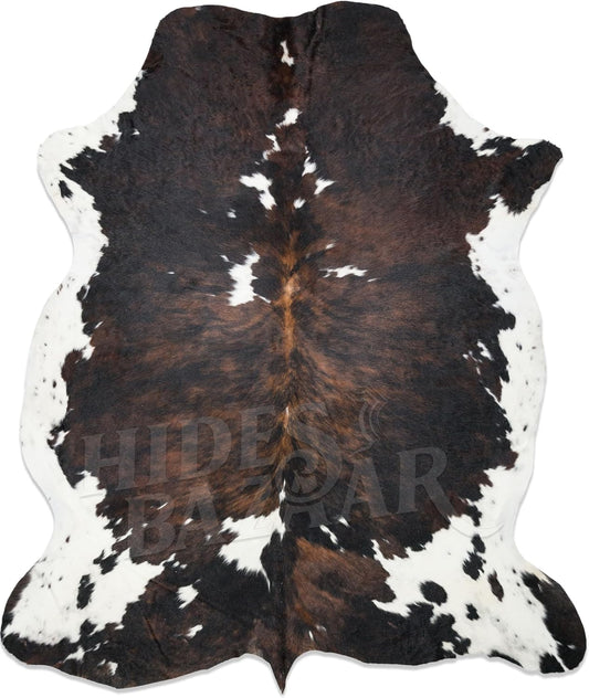Natural Cowhide Rug for Home & Office Premium Dark Tricolor Cowhide Rug with Unique Dark Brown, Black & White Patterns- Cow Hide Rugs Made with Tanned Leather - Cow Hide Rugs 6x6-7 ft