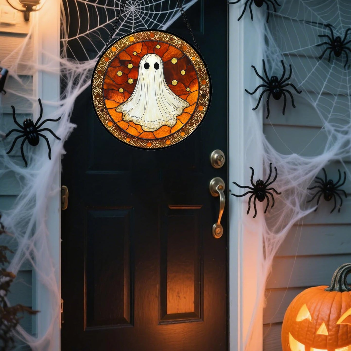 Stained Glass Window Hanging - Halloween Decorations White Ghost Suncatcher for Doors Garden Indoor Spooky Funny Orange Sun Catchers Gothic Decor Horror Gifts for Women Men Friend 7.8 in