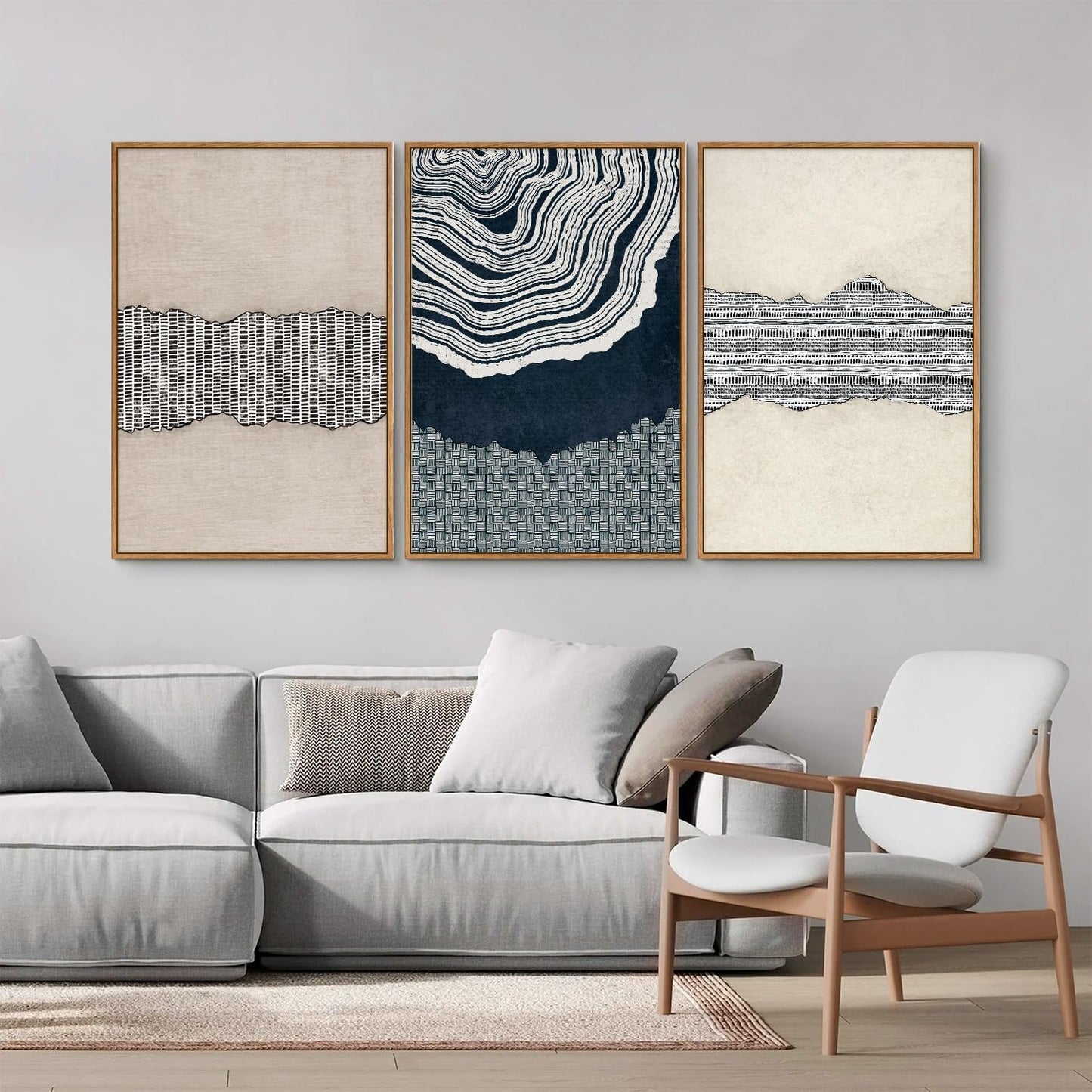 SIGNINART Blue and Beige Framed Canvas Wall Art Set, Neutral Abstract Tree Ring Wall Decor, Minimalist Dots and Line Artwork, Geometric Pattern Art Paintings for Living Room, Bedroom, Office 16"x24"x3