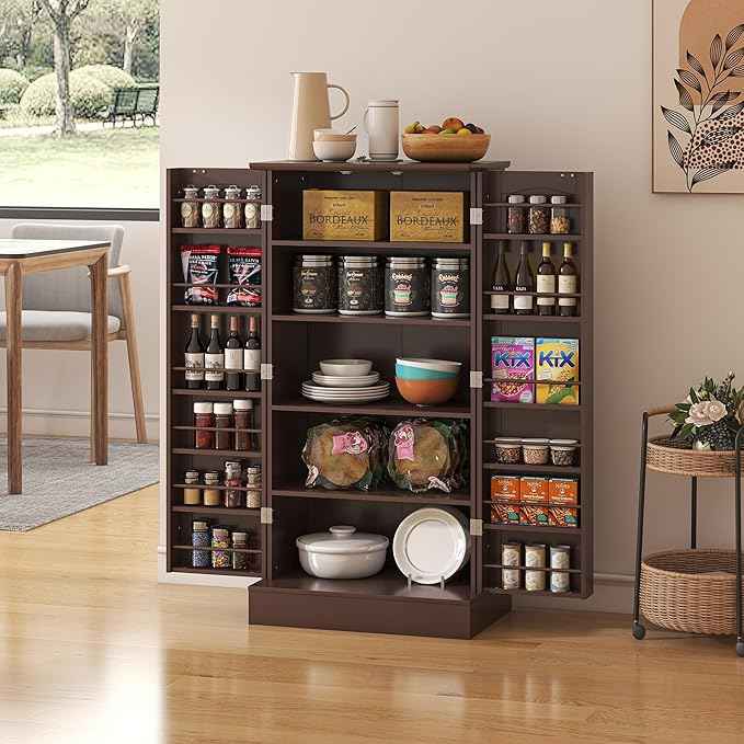 47” Pantry Cabinet, Kitchen Pantry Storage Cabinet with Doors & Adjustable Shelves, Brown Freestanding Buffet Cupboards Sideboard for Living Room and Dinning Room, Sturdy and Durable