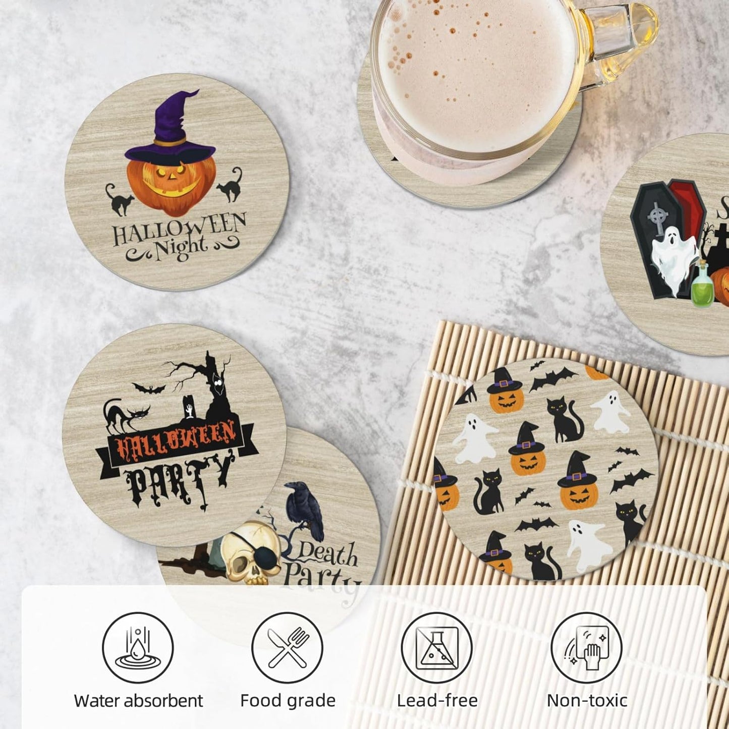 Halloween Coaster for Drinks Set of 6 with Metal Holder and Cork Base Ceramic Drink Coasters Absorbent Cup Mat Non-Slip for Home Kitchen Office Table Decor, 4 Inch