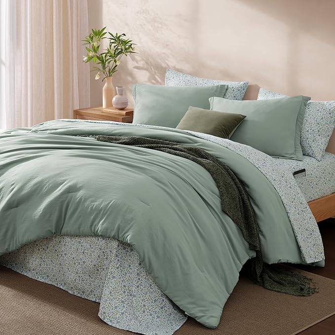 Monbix Full Size Comforter Set - 7 Pieces Sage Green Prewashed Bed in a Bag Full Bedding Sets with Comforters, All Seasons Ultra Soft Comforter Bed Set with Sheets,Pillowcases & Shams