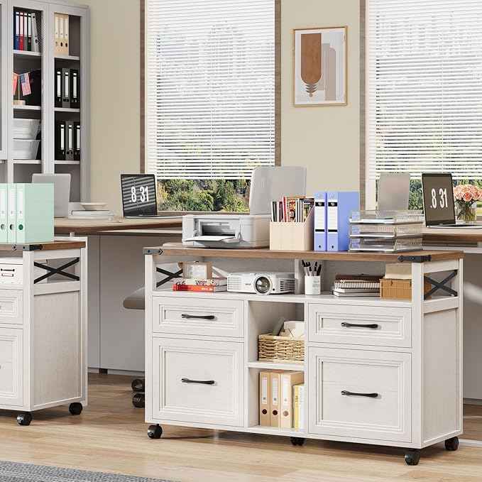 Vabches Farmhouse Filing Cabinet with Adjustable Shelf & Wheels, Lateral File Cabinets, Office Storage Cabinet with 4 Drawers and Open Storage Space, for Hanging Files Letter/A4, for Home Office
