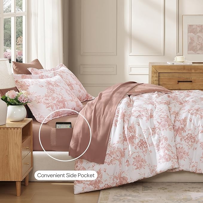 Oversized King Comforter Set -7 Pieces Floral Rose Bedding Set for All Seasons, Bed in a Bag with Botanical Flowers Comforter, Sheets, Pillowcases & Shams