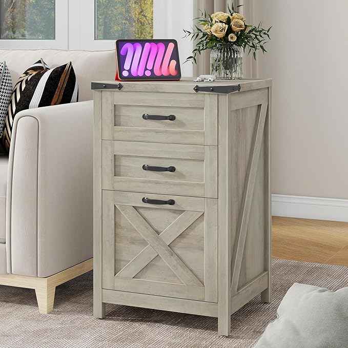Vabches Vertical File Cabinet with 3 Drawers, Wooden Farmhouse Filing Cabinet for Letter/A4 Size Hanging Files, Under Desk Printer Stand with Storage for Home Office, Grey