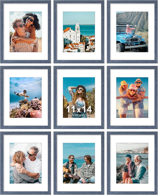 Vittanly 11x14 Picture Frames Set of 9, Shatter Resistant Plexiglass, Display 8x10 Pictures with Mat or 11x14 without Mat, Photo Frames for Wall or Tabletop, Engineered Wood, Navy