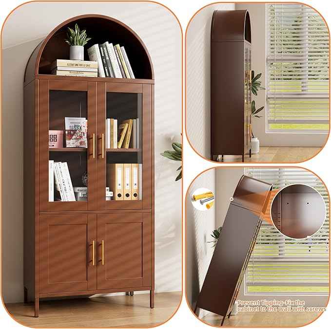 Metal Arched Bookcase Cabinet with 4 Doors,Arched Kitchen Pantry Cabinet for Home Office Living Room,Required Assembly,Brown