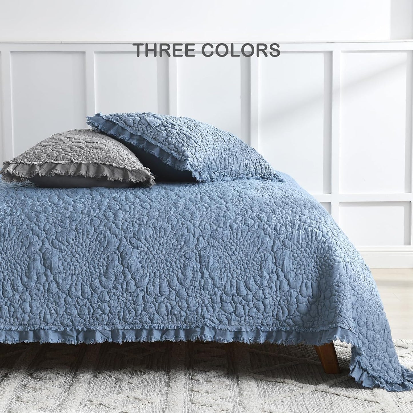 HORIMOTE HOME Dark Grey Ruffled Quilt Queen Size, Stone-Washed Microfiber Lightweight Crinkled Farmhouse Rustic Shabby Chic Bedding Set, 3 Pieces Reversible Bedspread with Pillow Shams for All Season
