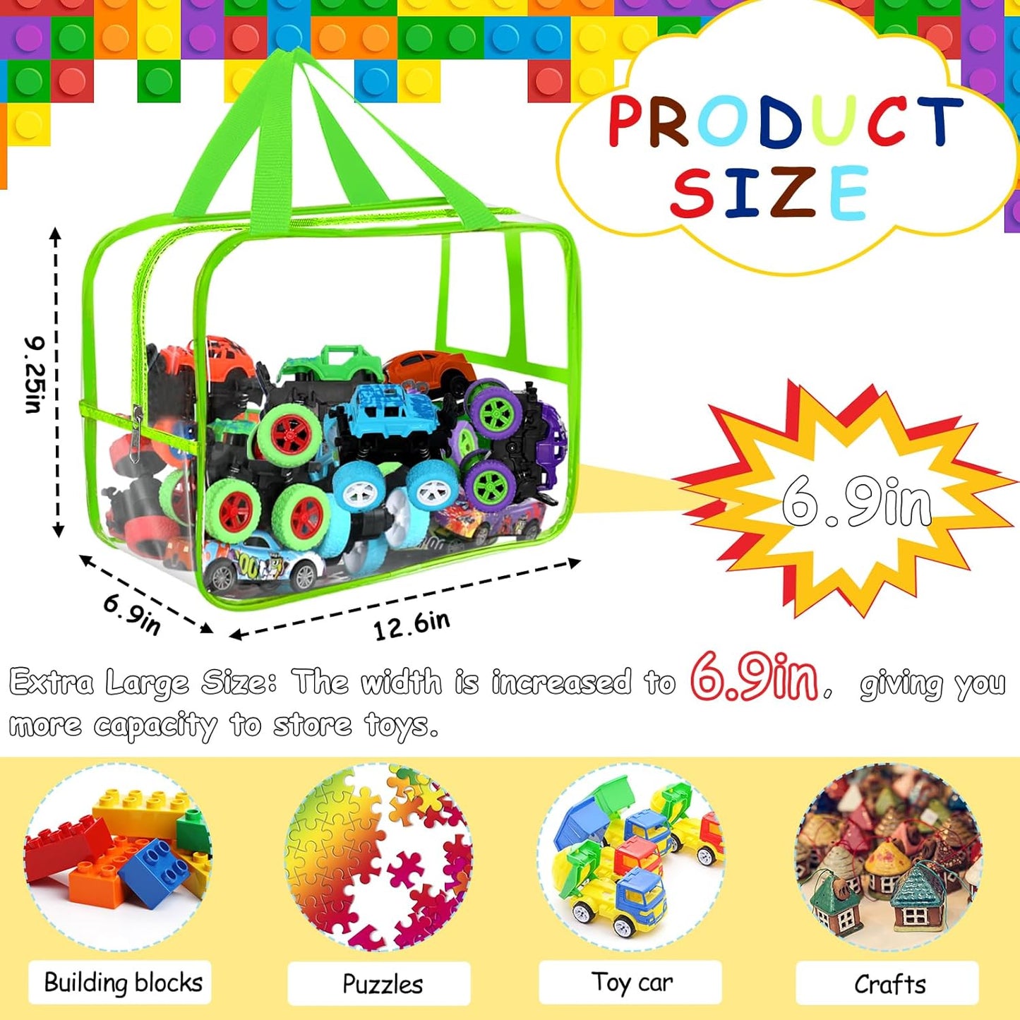 6 Colors Widen X-Large Toy Storage Bags 12.6×9.25×6.9In with Labels, Reusable Clear PVC Board Game Storage, Travel Waterproof Organizer Bags with Zipper for Building Blocks, Puzzle, Stuffed Animals