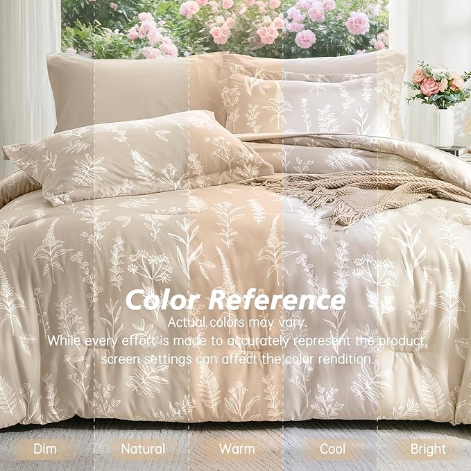 MUXHOMO Beige Bed in a Bag Queen 7 Pieces, Queen Comforter Set Reversible Botanical Flowers Design, Ultra Soft & Breathable Bedding Sets with Comforter, Sheets, Pillowcases & Shams