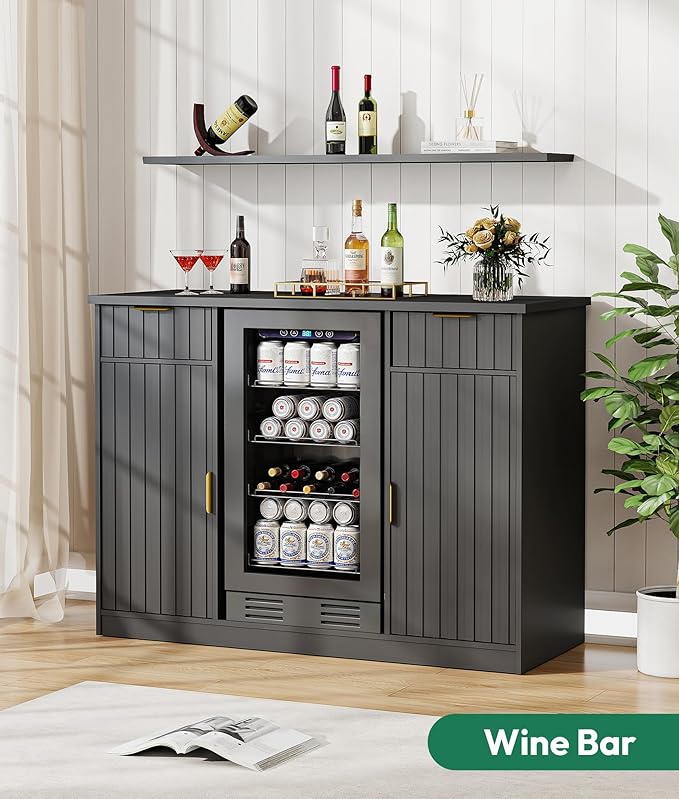 53" Fluted Coffee Bar Cabinet with Fridge Space - Wine Bar Cabinet with Drawer & Door Storage, Mini Fridge Stand with Power Outlet for Kitchen Dining Room, Black