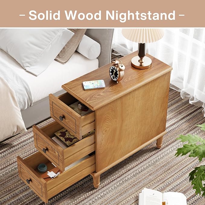 Tribesigns Solid Wood End Table Set of 2, Fully Assembled Narrow Side Table with Drawers, Pre-Assembled Nightstand Slim Bedside Table for Small Spaces, Living Room, Bedroom, Wood