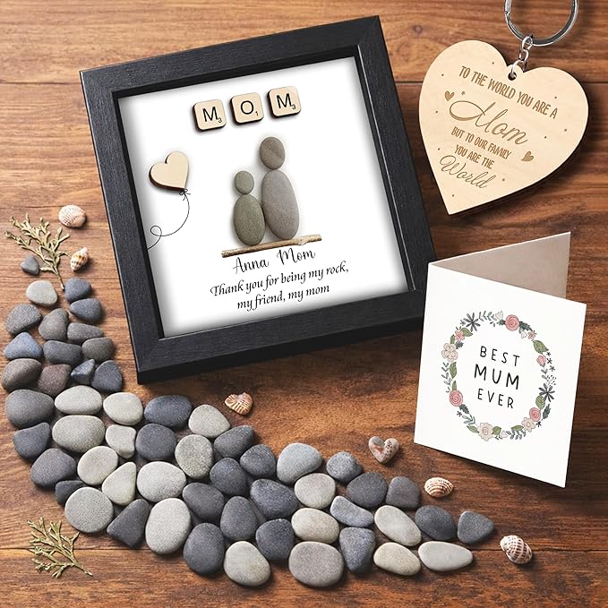 Personalized Mom Pebble Art Frame, Thank You for Being My Rock, Handcrafted Wall Art Gift Mom, Grandma or Nana, Meaningful Birthday, Mother’s Day & Appreciation Gift from Daughter, Son, Grandkids