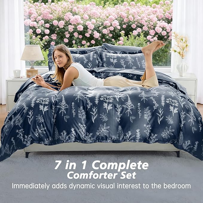 MUXHOMO Navy Blue Cal King Comforter Set, Elegant Floral Print Bed in a Bag 7 Pieces, Ultra Soft & Breathable Reversible Botanical Pattern Bedding Set with Comforter, Sheets, Pillowcases, and Shams