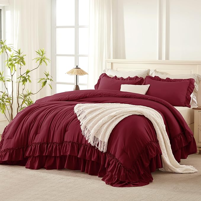 Andency Burgundy Super King Comforter Set, Lightweight Fluffy Ruffle Bedding Sets 3 Pieces for Girls Women, Soft Farmhouse Dark Red Bed Sets for All Season, 120x120Inch (1 Comforter 2 Pillowcases)