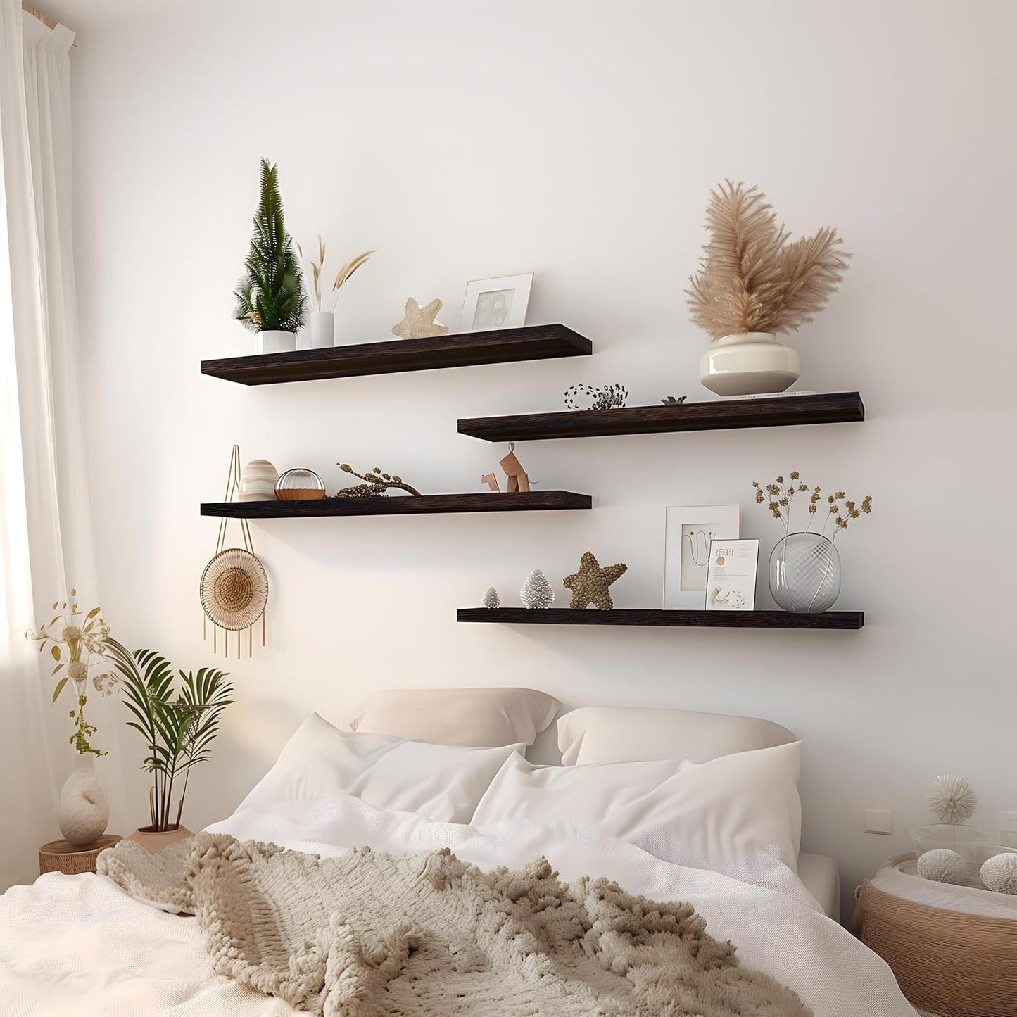 24 Inch Floating Shelves for Wall Rustic Brown Wood Wall Shelves for Bedroom Set of 4 - Décor Diaries