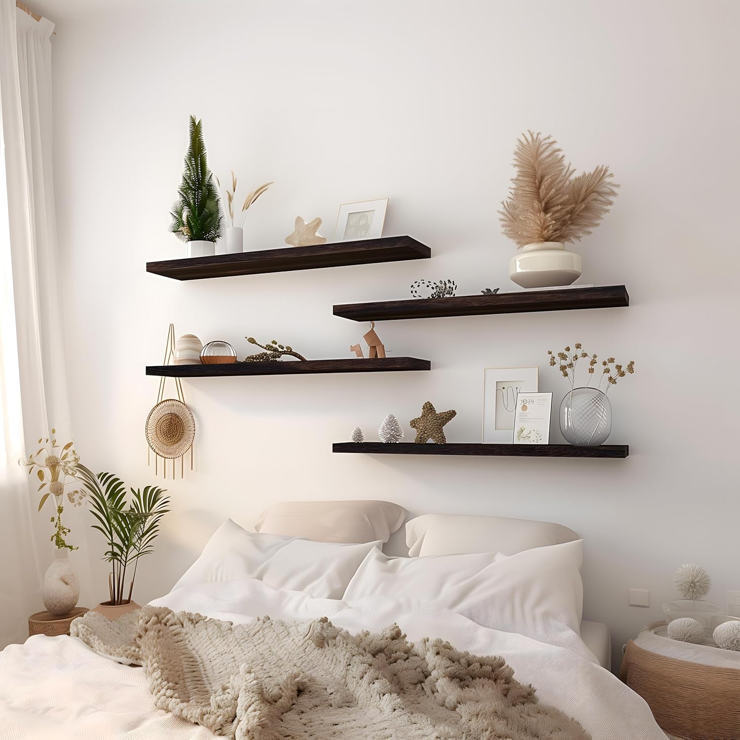 24 Inch Floating Shelves for Wall Rustic Brown Wood Wall Shelves for Bedroom Set of 4 - Décor Diaries