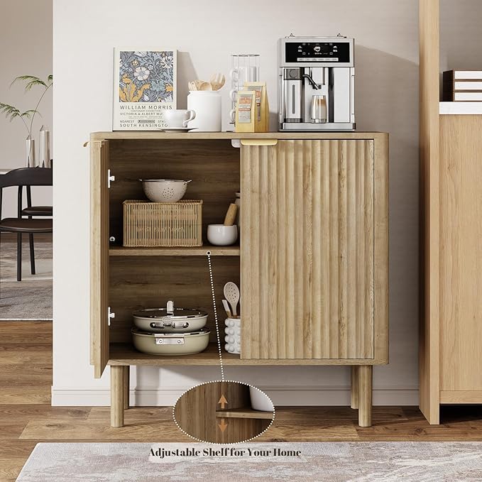 Sideboard Buffet Cabinet with Storage, Modern Fluted Accent Credenza with Doors & Adjustable Shelves, Wood Coffee Bar Console Table for Living Room, Dining Room, Kitchen or Entryway 31.5" Oak