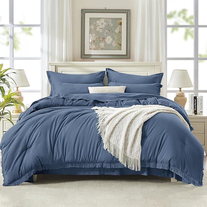 Andency Full Size Comforter Set Bluish Grey -7 Pieces Boho Tassel Bed in a Bag Soft Lightweight Bedding Sets, Fringe All Season Bed Set with Comforter, Sheets, Pillowcases & Shams