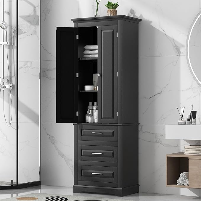 70" Tall Storage Cabinet Kitchen Pantry Cupboard with Two Doors and Three Drawers, Freestanding Shelf Organizers Unit for Home, Bathroom and Living Room, White