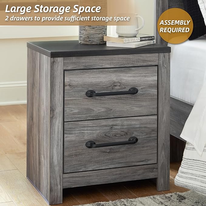 Signature Design by Ashley Bronyan Rustic 2 Drawer Nightstand, 2-Tone Look, Light Gray and Dark Gray, Large Scale Handles, Fully Finished Drawer Interiors, 24.72" Tall, Gray