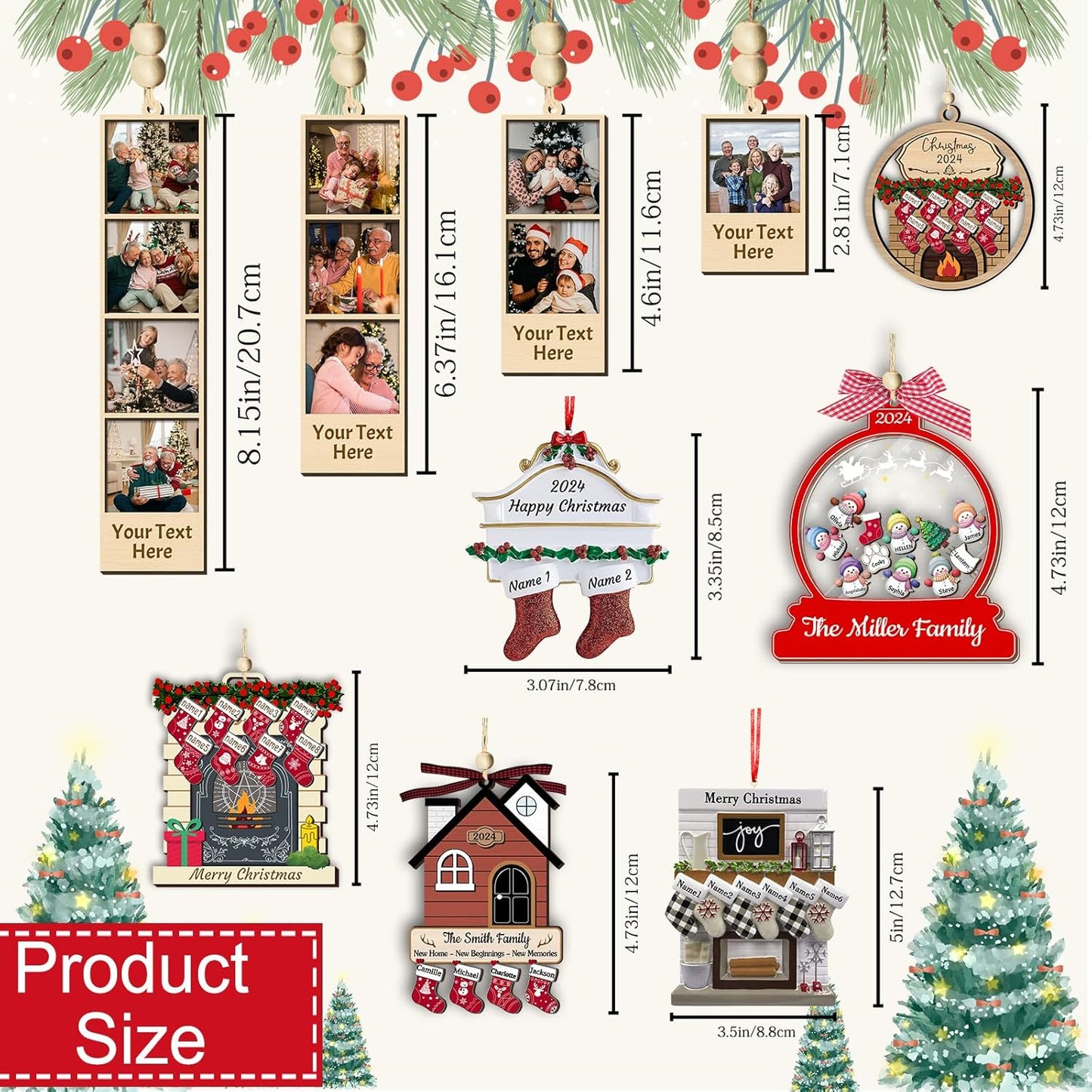 Personalized Christmas Ornaments with Photo Names Custom Family Ornament Customized Xmas Tree Hanging Wood Decoration Gift Snow Globe