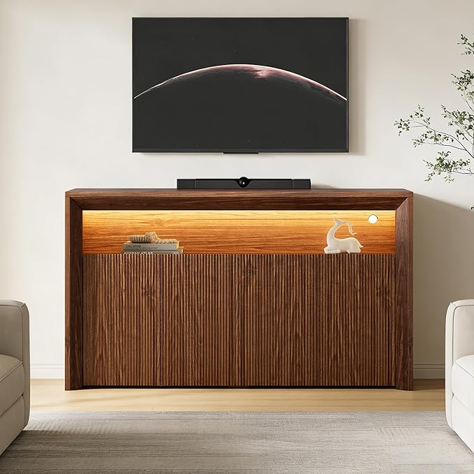 Feonase 66.2" Buffet Cabinet with Storage & Led Lights, Modern Sideboard Cabinet with 4 Doors & Shelves, Fluted Media Console Mid Century, Coffee Bar Table for Living Room Kitchen Dining Room, Walnut