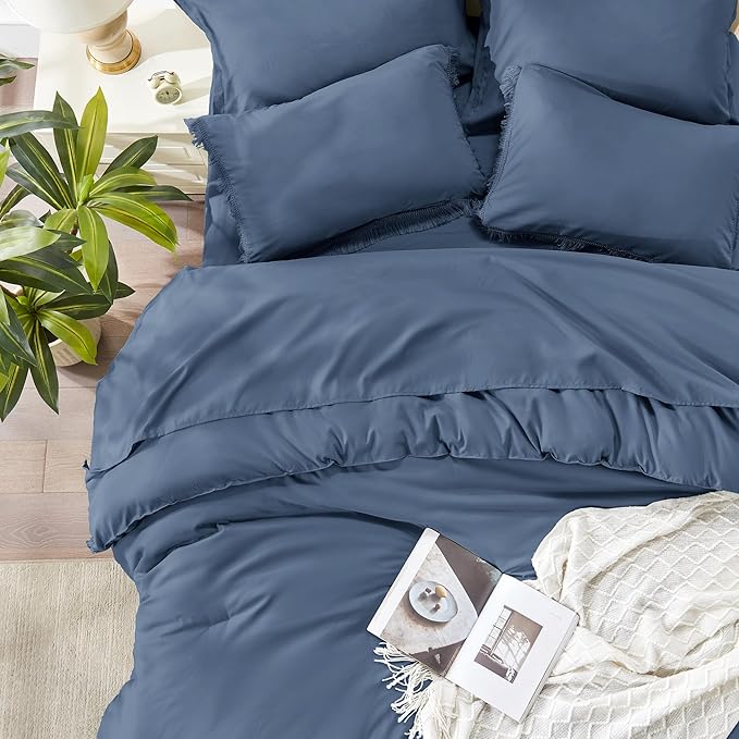 Andency Queen Comforter Set with Sheets Bluish Grey - 7 Pieces Boho Tassel Bed in a Bag Soft Lightweight Bedding Sets, Fringe Bed Set with Comforter, Sheets, Pillowcases & Shams