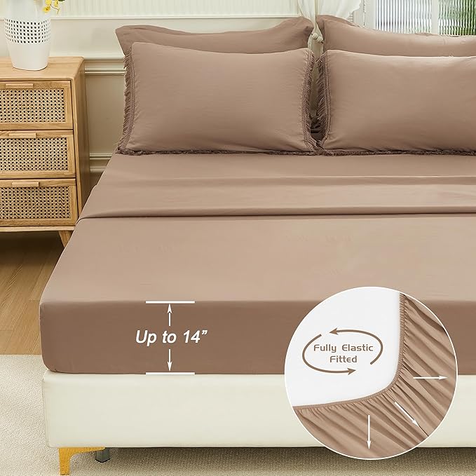Andency Taupe Queen Size Comforter Set with Sheets - 7 Pieces Boho Tassel Bed in a Bag Soft Lightweight Bedding Sets, Taupe Fringe Bed Set with Comforter, Sheets, Pillowcases & Shams